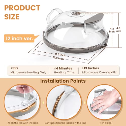 Image of 12 Inch Microwave Splatter Cover, Upgraded Microwave Cover for Food with Water Steamer, Integrated Handle, Splatter Guard, Cookware Lid, House Warming Gifts New Home, Grey