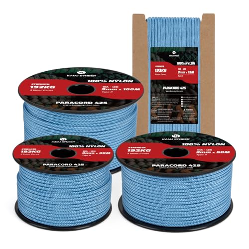 Kamu Synber 425 Paracord 3mm x 50m Corda Nylon 100% Tipo II 3 Fili Corda Paracadute Resistente per Sopravvivenza, Esterno, Fatto a Mano | Supporto 192kg | Azzurro Cielo
