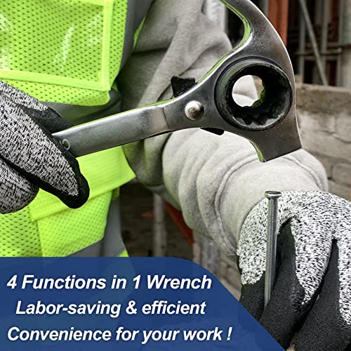DAKCOS 4 in 1 Ratchet Podger Spanner Scaffold Spanner with Claw Hammer 17mm x 19mm (Silver Tone) - Image 4