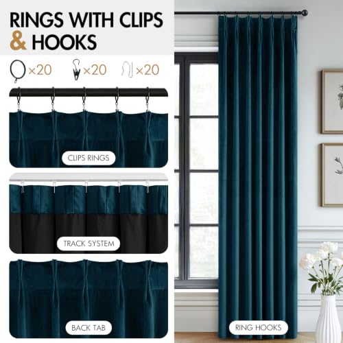 Image of MIULEE Peacock Blue Velvet Curtains 84 inches Long, Pinch Pleated Blackout Drapes with Hooks, Thermal Insulated Pinch Pleat Panels for Bedroom Living Room, 2 Panels