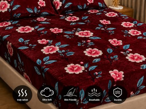 Image of Warm Flannel (Flano) King Size 345 TC Winter Fitted Bedsheet | All Side Elastic Premium Winter Soft Velvet Furnishing Bed Sheet with 2 Big Pillow Cover Size - 72 x 78 X 8 Inches Maroon