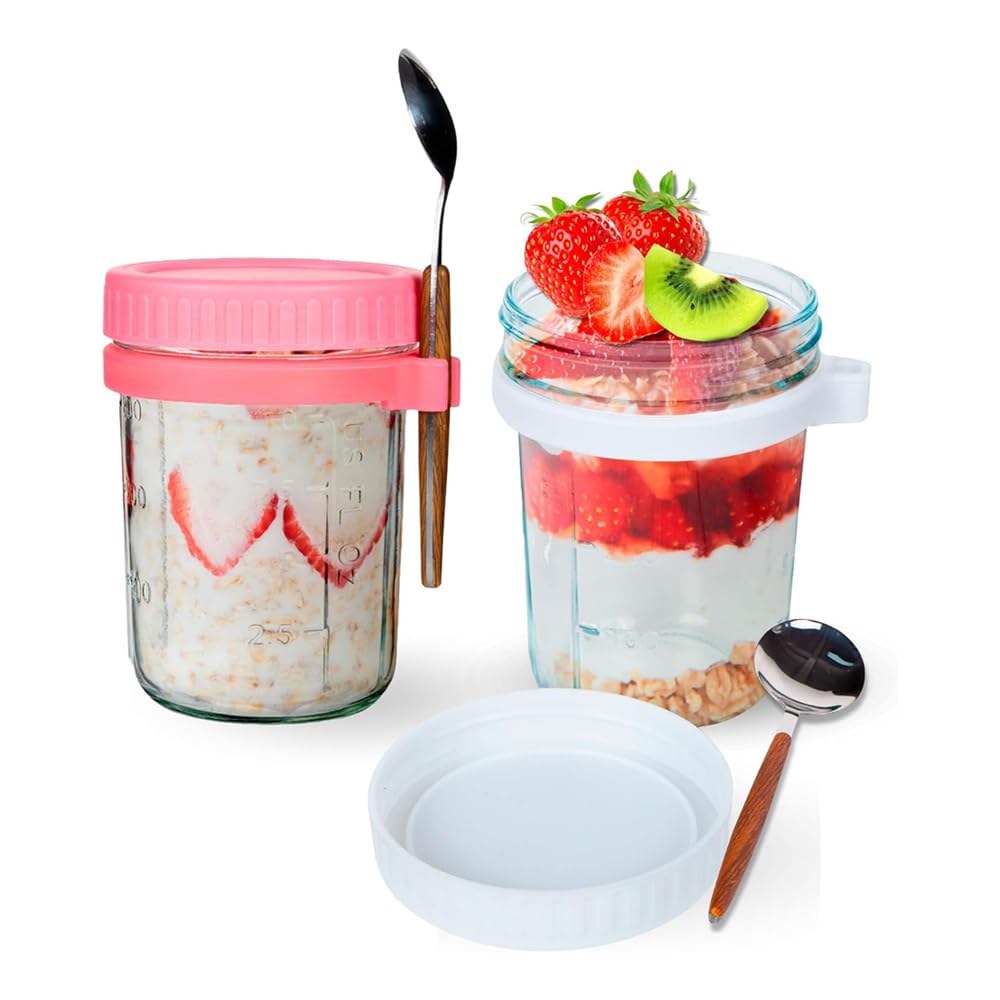 AMERTEER 2 Pack 350ml Glass Storage Jars with Airtight Lids & Spoon | Leakproof Glass Food Jars for Oatmeal, Meal Prep, Breakfast, Cereal, Salad & Fruit | Reusable Glass Jars with Lid for Kitchen