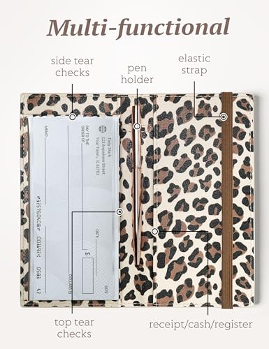 Image of Yarnic Checkbook for Personal Checkbook Holder (Light Brown Leopard) | Checkbook Covers with Pen Holder and Built-in Clear Plastic Divider for Duplicate Checks