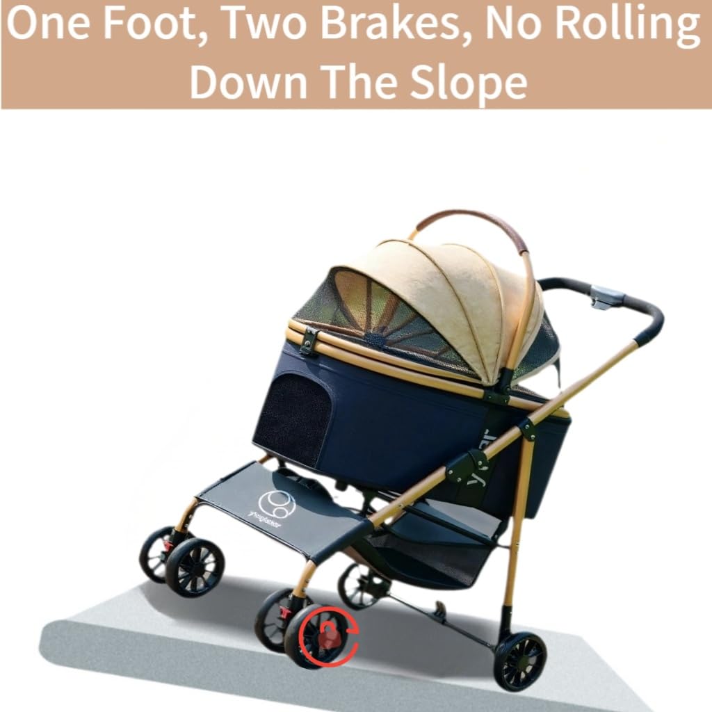 Small Dog Stroller, Gold Lightweight Dog Carriage, Foldable Design with Canopy, Black and Beige Cat Stroller Detachable Carrier Suitable for Car Seat & Hand Carry, Safe Outings