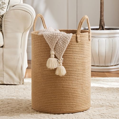 Image of AIMDFWER Woven Laundry Hamper, 58L Tall Storage Basket for Blanket, Large Boho Dirty Clothes Hamper Bin for Girls Kids Baby Nursery in Living Room - Brown