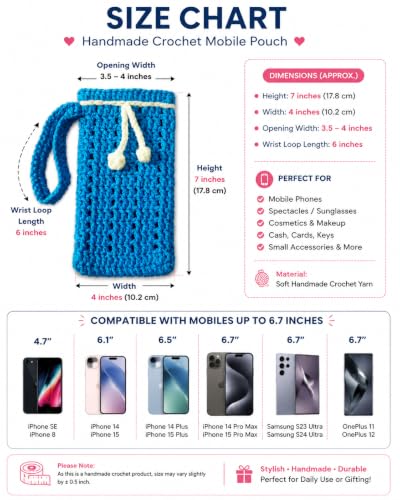 Image of Handmade Crochet Mobile Pouch for Women & Girls | Knitted Phone Holder with Wrist Strap | Cute Floral Aesthetic Mobile Cover Case | Soft Yarn Handmade Gift (Bluewhite)