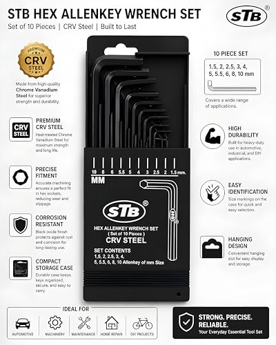 Image of Hex Allen Key Wrench Set of 10, CRV Steel, Heavy Series, Sizes 1.5 to 10 mm, Sliding Case (Heavy Series