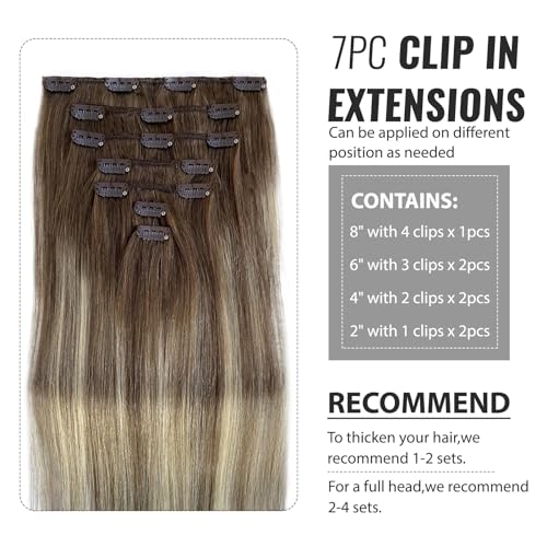 Image of Belaved Clip in Hair Extensions Real Human Hair, 16 Inch 70g 7pcs, Ash Brown & Bleach Blonde Balayage Seamless Invisable Extensions