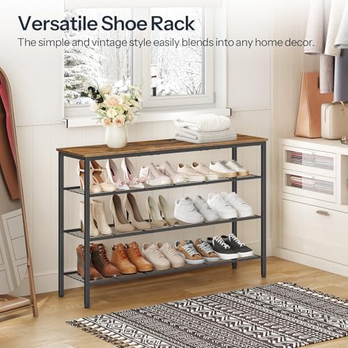 HOOBRO Shoe Rack, 4-Tier Shoe Storage Organizer, Shoe Shelf with Metal Mesh Shelves for 24 Pairs of Shoes, for Closet, Entryway, Hallway, Living Room, Bedroom, Rustic Brown and Black BF170XJ01 - Image 6