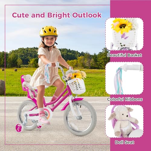 Image of BABY JOY Girls Bike with Streamers & Doll-Seat, Kids Bike for 3-8 Years Old | 12 14 16 18 20 Inch Children Bicycle w /Detachable Training Wheels or Kickstand, Storage Basket, Adjustable Seat and Handlebar