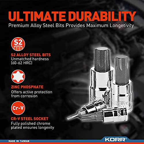 KORR Tools KSS004 Conjunto de soquete Torx de 13 peças, tamanhos de T8 - T60 | unidade de 1/4 polega