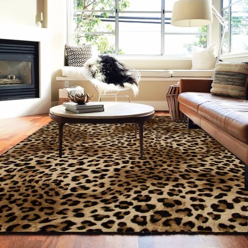 Leopard Rug 6x9 Washable Area Rug Soft Large Bedroom Rug Non Slip Living Room Rugs Leopard Print Low-Pile Indoor Carpet for Den Dorm Playroom(6x9ft,Brown)