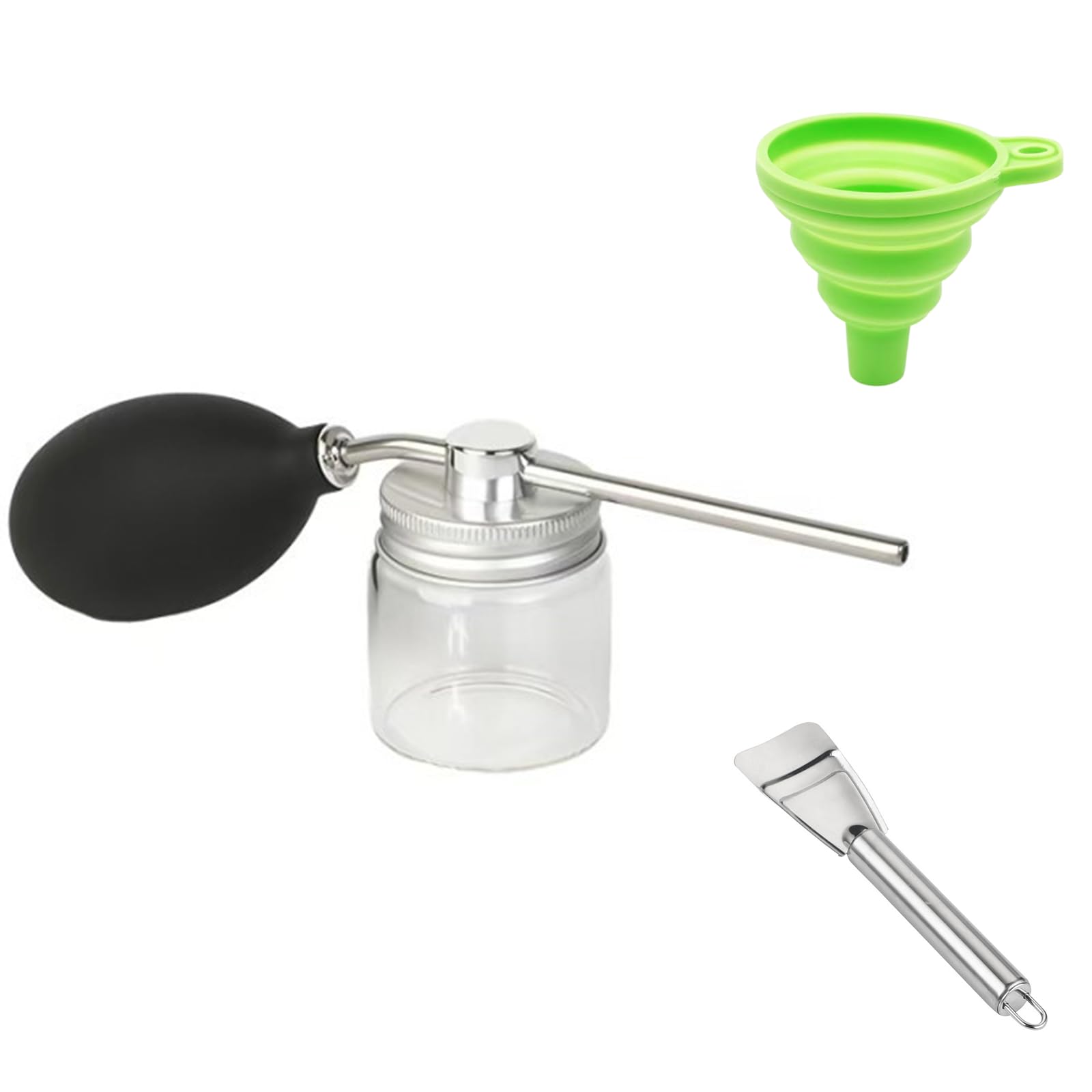 Diatomaceous Earth Duster Applicator, 3 Piece Set Silver Powder Dispenser with Green Funnel & Scoop, Home Powder Applicator, for Garden Home Use Precise Application