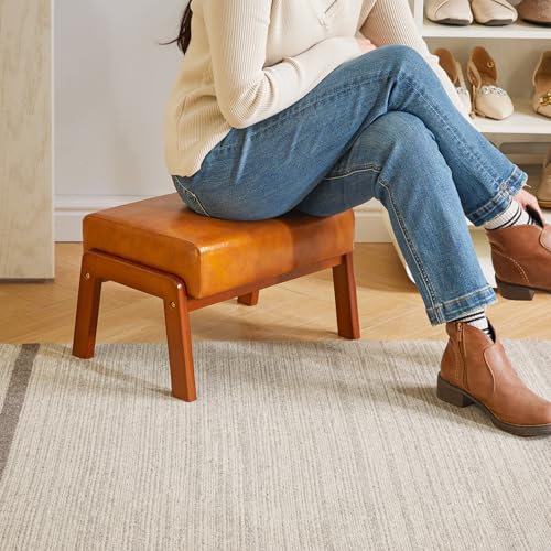 Miniatura 2 de Ibuyke 10.2 H Pequeño Reposapiés Otomana, Rectángulo Pu Reposapiés Taburete Con Asiento Acolchado Y Patas De Madera, Amarillo-Marrón Wbd013j