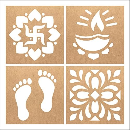 Wooden Rangoli Stencils Set for Diwali Decoration | Home Decoration (4 pcs, 6x6 inches) by Indian Collectible