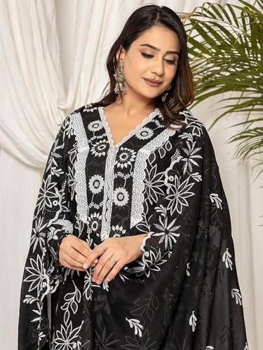 Image of INDO ERA Women's Pure Cotton Embroidered Straight Kurta And Pant With Dupatta Set (Kh0Bk6063)