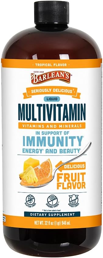 Barlean's Liquid Multivitamin for Women, Men & Kids, 21 Essential Vitamins & Minerals, Includes Biotin, B-Complex, Vitamins C, D3 & K2, Smoothie-Like Daily Supplement, Tropical Flavor, 32 fl oz