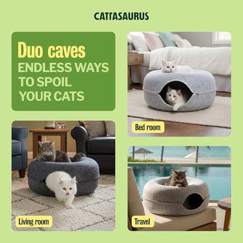 Image of Cattasaurus Peekaboo Cat Cave Donut for Multiple & Large Cats up to 30-45 lbs, 3-in-1 Self Warming Cat Bed, Tunnel & Scratcher for Indoor Cats, Washable & Detachable (Light Gray + Dark Gray, Large)