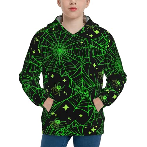 Green Bright Web with Spiders Kid Hoodies Boys Sweatshirts Girls Pullover with Pocket
