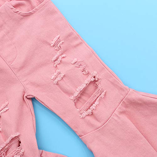 Icectr Toddler Baby Girls Kid Flared Denim Pants Ruffled Wide Legs Ripped Jeans High Waist Bell Bottoms Casual Outfit (Pink, 2-3T) #TOP4