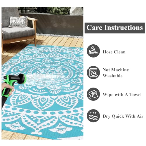 Bsmathom Waterproof Outdoor Rug 8'x10' Reversible Boho Plastic Straw Patio Deck Camping Rugs, Indoor Outdoor Portable RV Mat Clearance Carpet for Outside, Porch, Balcony, Backyard, Beach, Pool,Teal