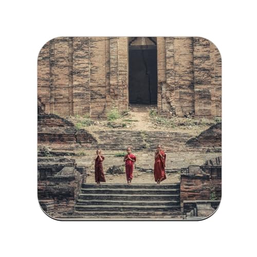 sous Verre en Bois - Enfants Moines Devant la Pagode De Mingun Birmanie Myanmar - 1 unité (95 x 95 mm)