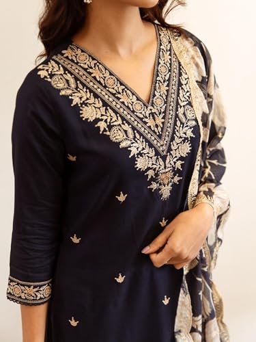 Image of INDO ERA Women's Navy Blue Viscose Rayon Embroidered Straight Kurta Pant with Dupatta Set (IEOUT6939 Medium)
