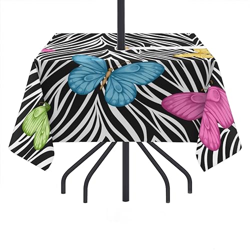 QsirBC Animal Print Butterfly Outdoor Tablecloth with Umbrella Hole and Zipper Wrinkle-Free Stain Resistant Washable Square Tablecloth for Patio Garden Picnic Camping 60 X 60 Inch