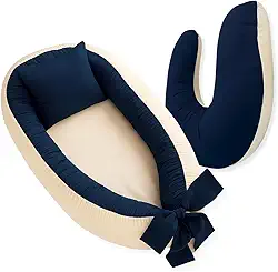 Kit Ninho Redutor de Berço e Almofada Amamentação Percal 400 Fios Cores Lisas (Marinho com Palha)