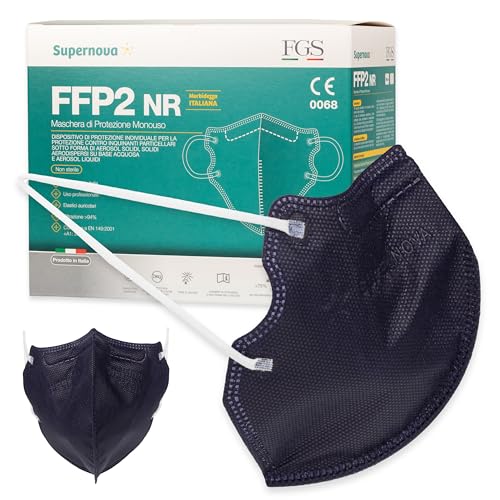FGS - 50 Mascherine FFP2 Bianche, Nere e Blu Scuro - Made in Italy - Certificate CE - Filiera Controllata, Anallergiche, con Elastici Comodi e Resistenti - Buste Singole e Sigillate (Blu)