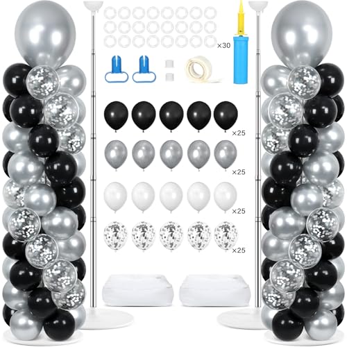 Image of Naozinebi 2 Sets Black and Silver Balloon Column Stand Kit with 100 Balloons, 110 Pieces, Adjustable Balloon Tower Stand with Base for Floor, General Celebration, Unisex Adults