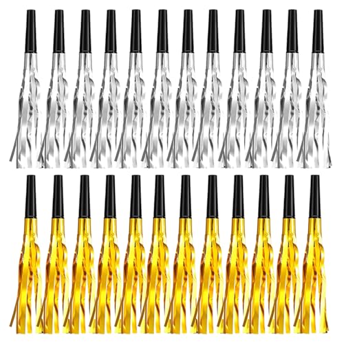 24 Pieces Gold Silver Noise Makers Glitter Noise Makers Metallic Fringed Party Blowers for Adults Birthday Graduation Sporting Events New Years Eve Party Supplies 2025