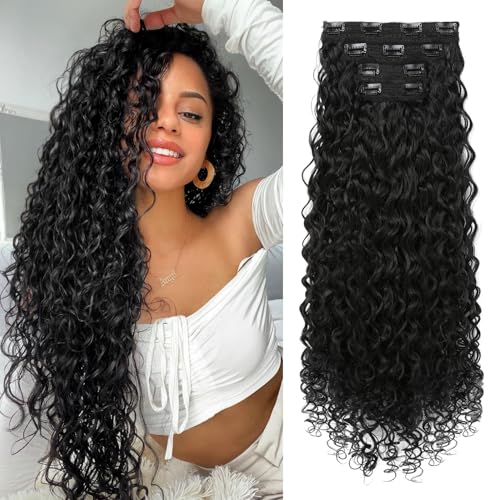 LONAI 4PC Clip in Hair Extensions, 100％ Pure Protein Silk Curly Hair Extension for Women, 26 Inch Long Soft Natural Hair Extensions-Natural Black