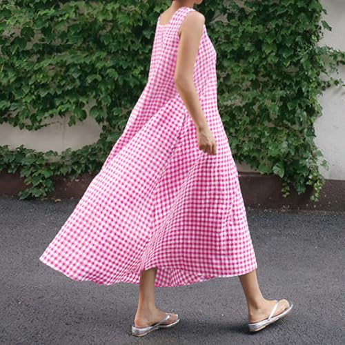 Image of chouyatou Women's Summer Casual Loose-Fit Cotton Plaid Tank Maxi Dress with Pockets Boho Beach Sundress