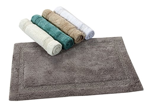 Bath Rug 100% Soft Cotton, Size 34x21 Inch, Latex Spray Non-Skid Backing, Solid Arctic Blue Color, Textured Border, Hand Tufted, Heavy 190 GSF Weight, Machine Washable