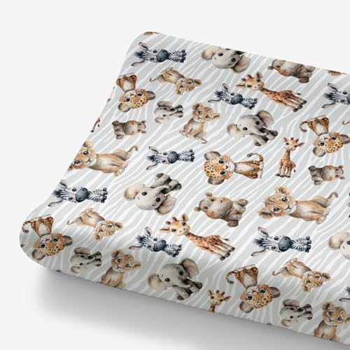 Image of HawSkgFub African Safari Jungle Animals Changing Pad Cover Baby Girls Boys, Giraffe Elephant Leopard Lion Zebra Diaper Change Table Sheet, Soft Stretchy Safe Snug Fitted Changing Mat Fit 32"/34" x 16"