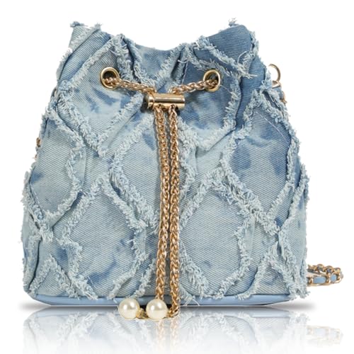 Jean Purses for Women, Distressed Jean Denim Bucket Bags Quilted Crossbody, Small Shoulder Bag Drawstring Handbag