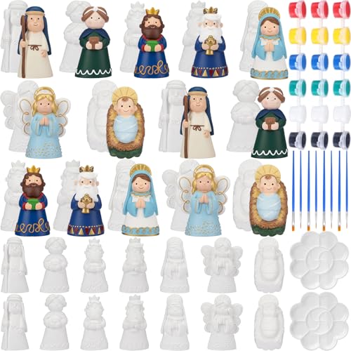 Zubebe 28 Pcs Ceramics to Paint Christmas Nativity Craft Kit Paintable Jesus Birth Figurines in 7 Styles with 4 Paint Set DIY Nativity Figurines Christ Birth of Jesus Scene Decor (Stylish)