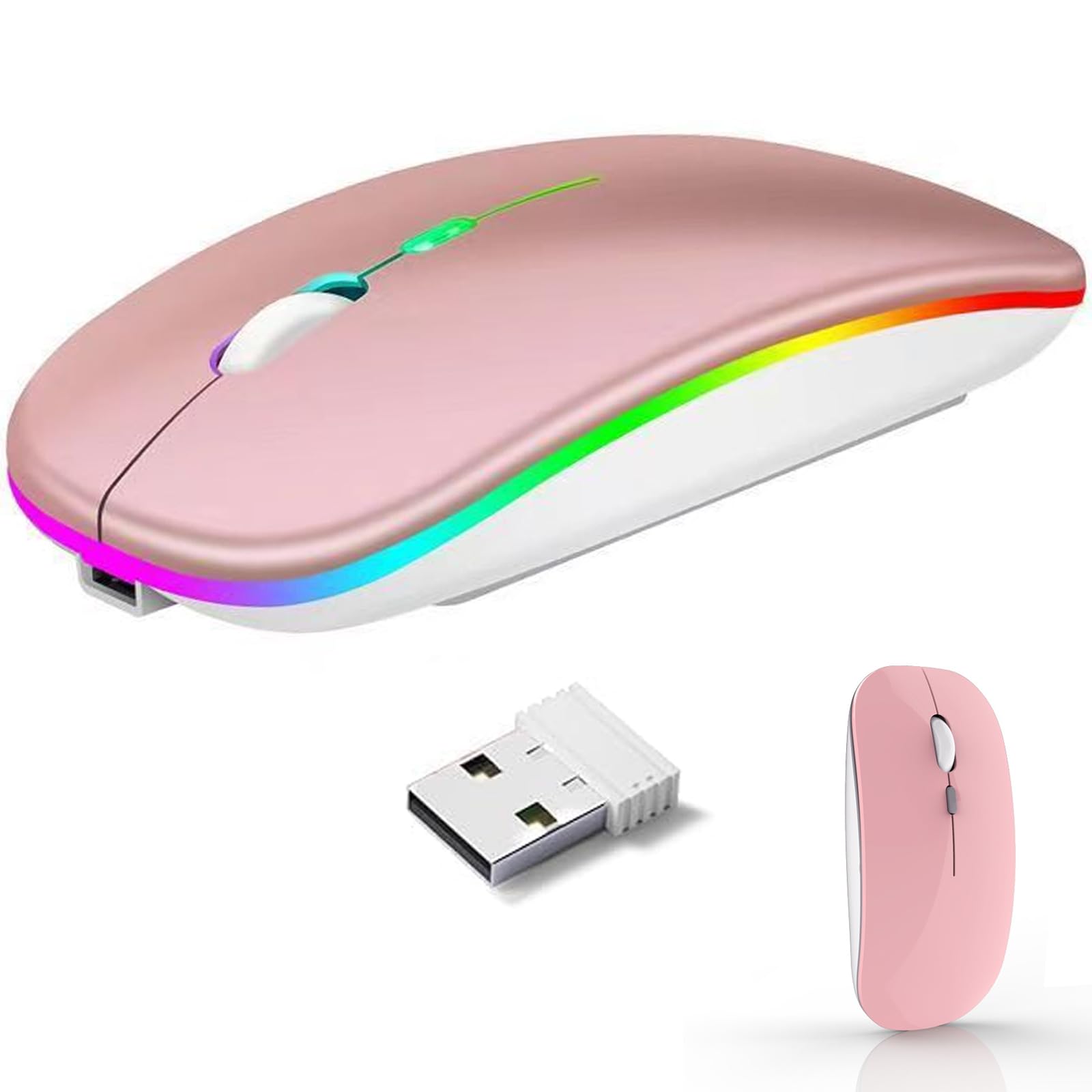 Mouse wireless ricaricabile, mouse wireless a LED Bluetooth per iPad, mouse portatile sottile con ricevitore USB, doppia connessione BT5.4 e 2.4G, silenzioso per laptop/notebook/pc/iPad/Chromebook