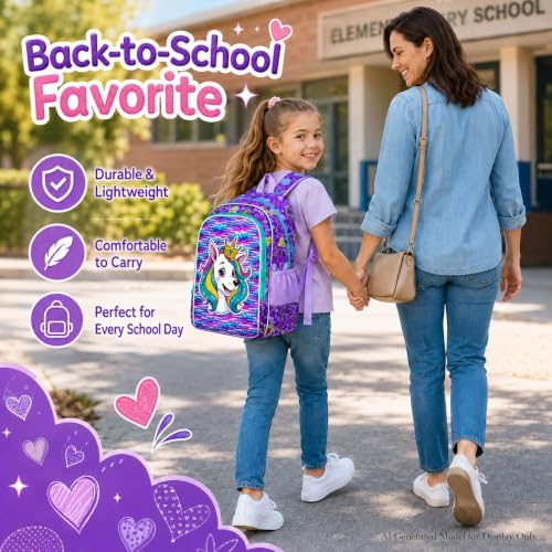 Image of 3Pcs Dog Backpack for Girls, 16 inch Sequin Bookbag Set for Kids, Elementary Preschool Preschool School Backpacks with Lunch Box (Purple)