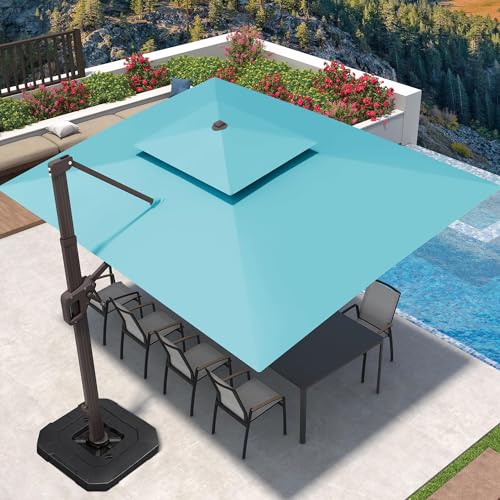 Image of 9' X 12' Patio Umbrella with Weighted Base and LED Lights Outdoor Cantilever Large Rectangle Offset Umbrellas Heavy Duty Aluminum Double Top with 360-degree Rotation for Pool Garden Deck, Turquoise