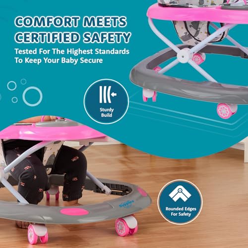 Image of Amazon Brand - Supples Baby Activity Walker with Parental Handle | BIS Certified | 3-Level Height Adjustment, Convertible Toy & Food Tray, Music, 360 Rotating Wheels | for 9+ Months | Grey & Pink