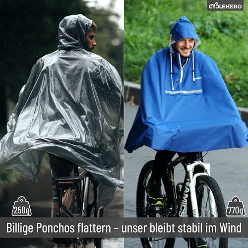 Regenponcho Fahrrad extra wasserdicht und robust - TEST SEHR GUT - Premium Regencape Fahrrad mit Reflektoren, Sichtfenster - Regenbekleidung als Regenponcho Herren und Damen - Regenjacke Blau in L
