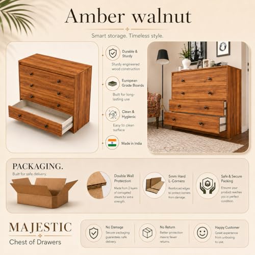 Image of Studio Kook Majestic Engineered Wood Chest of Drawers, 4 Drawers (Amber Walbut, Matte Finish)
