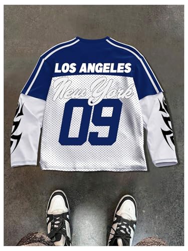 Men's 2 in 1 Graphic Tee Shirts Polka Dots Long Sleeve Striped Baggy T Shirt Streetwear2