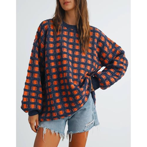 Hixiaohe Oversized Checkered Sweater for Women Trendy Pullover Sweaters Casual Long Sleeve Ribbed Knit Tops Fashion Clothes2