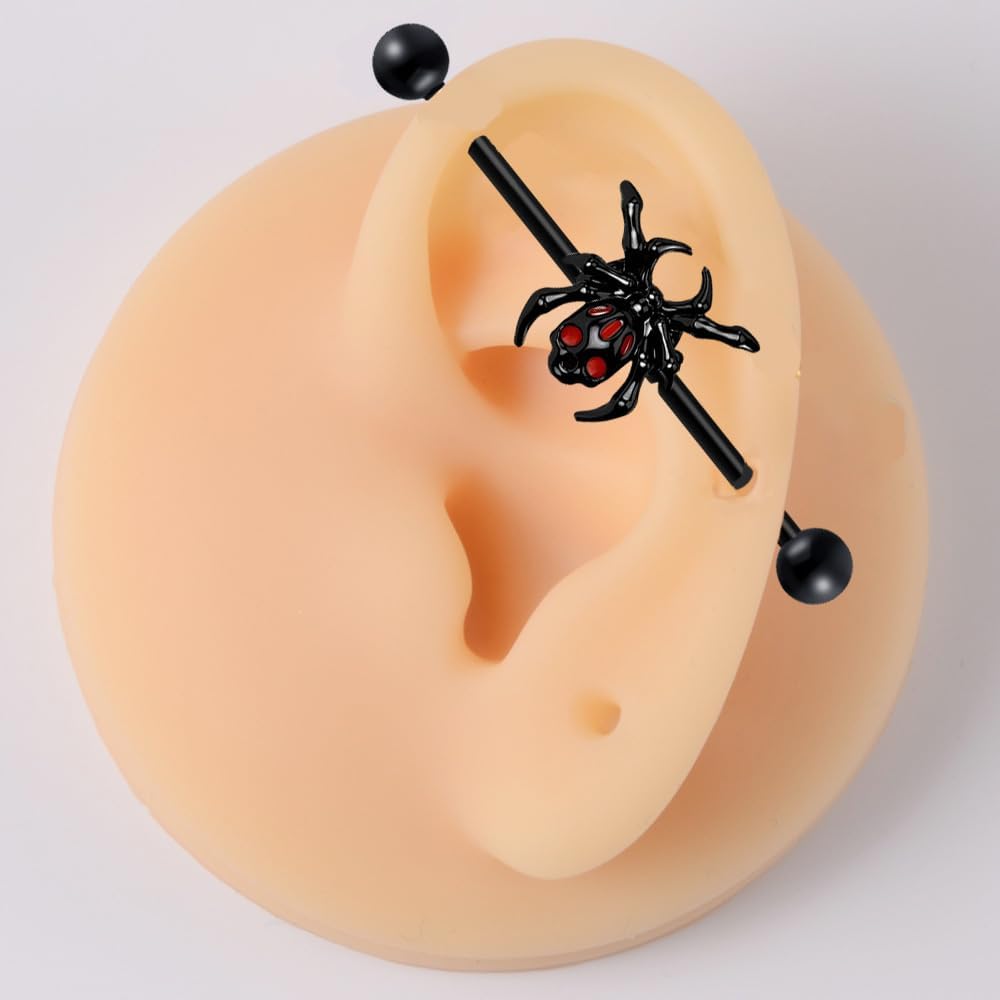 14G Black Spider Industrial Barbell Cartilage Earrings for Women Men Surgical Steel 35mm Helix Cartilage Industrial Barbell Halloween Body Piercing Jewelry