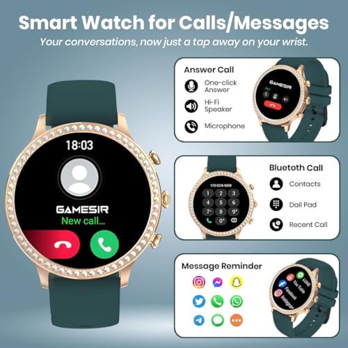 Image of GAMESIR Newest & Luxury Round Dial GEN 12 Smart Watch Golden Chain 1.69 inch AMOLED Display with High Resolutions Bluetooth Calling Multiple Watch Faces & Sports Mode Smartwatch for Women & Men (Green)