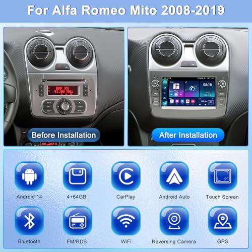Autoradio Android 14 Alfa Romeo Mito 2 DIN GPS Bluetooth écran 7 pouces