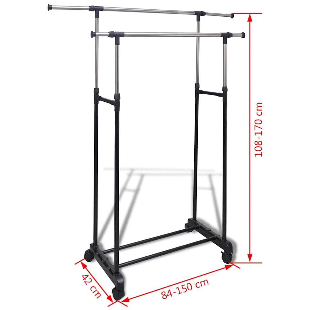 Verstellbarer Kleiderständer aus Edelstahl mit 4 Rollen, 2 ausziehbaren Kleiderstangen bis 150 cm, höhenverstellbar 108-170 cm, rollbar und klappbar